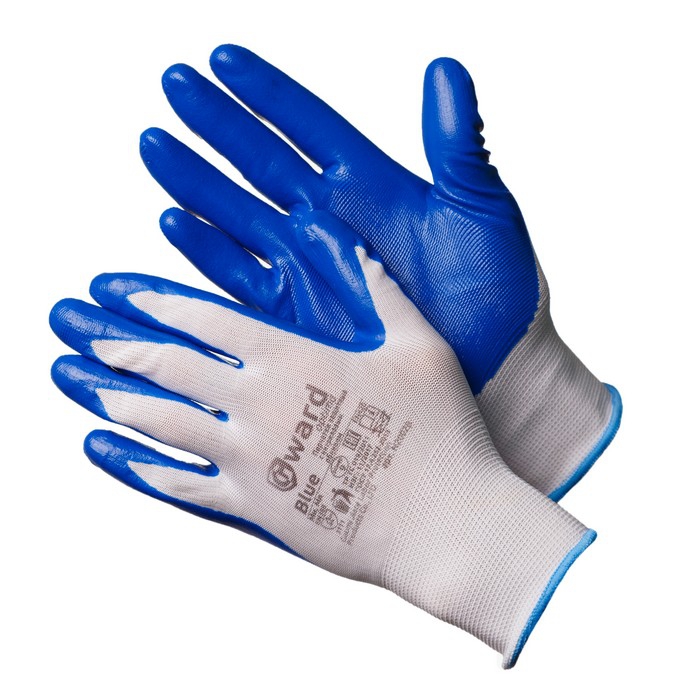Перчатки GWARD Blue нейлоновые белые с синим нитриловым покрытием